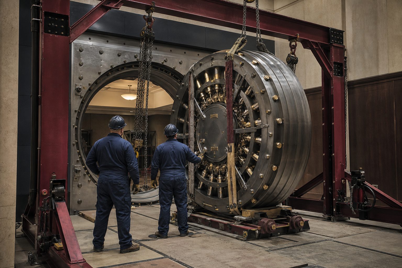 Two riggers manoeuvring a circular bank vault door on a steel gantry