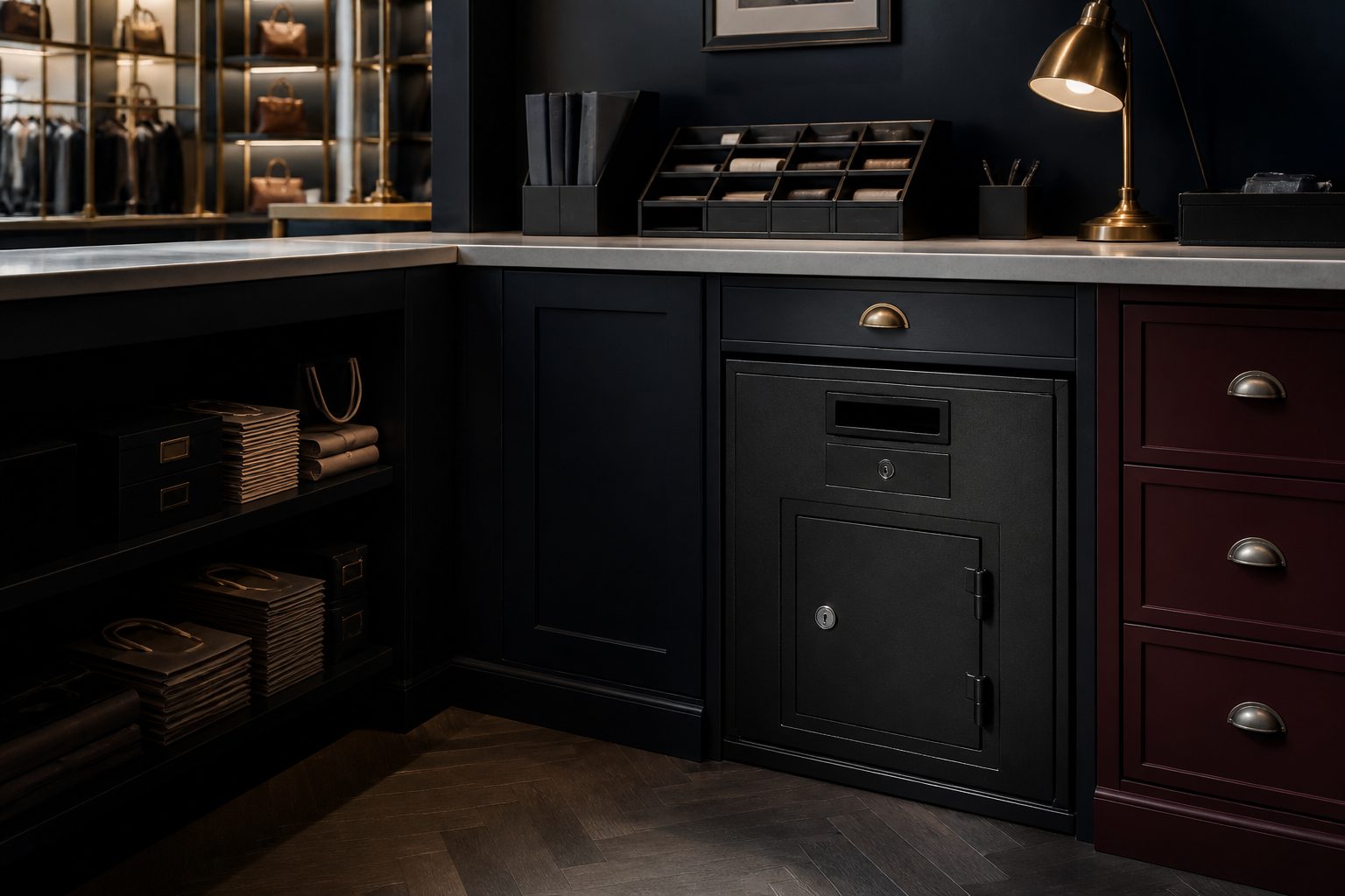 A drop safe with a deposit slot built into the counter of a retail back office