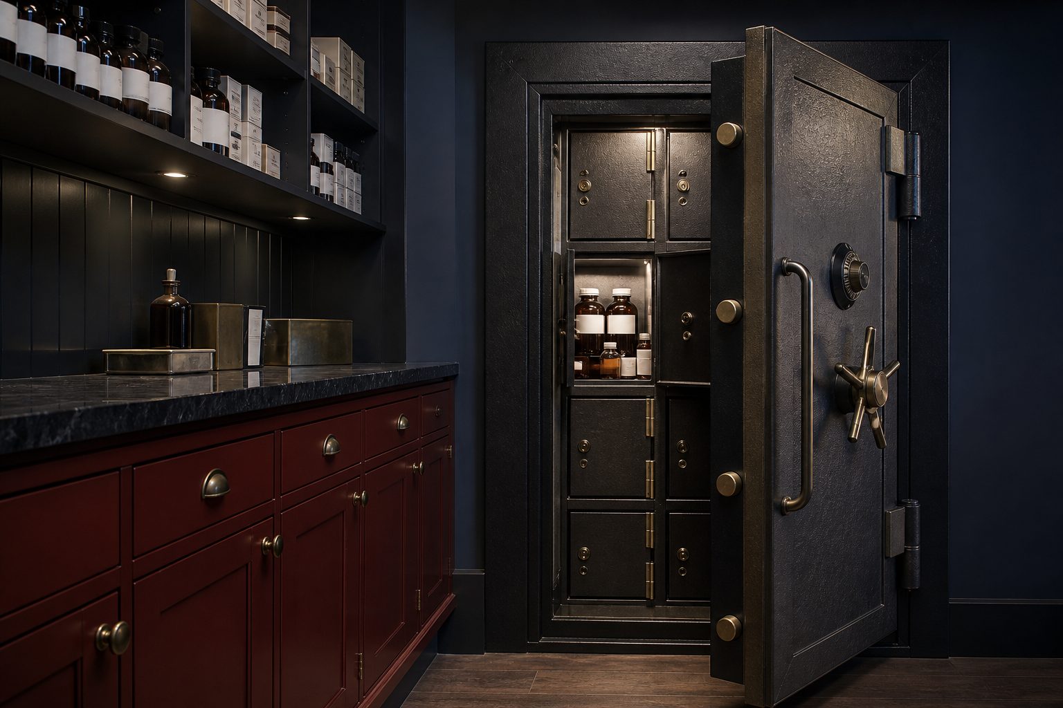 A heavy steel safe with compartmented interior storage in a pharmacy dispensary