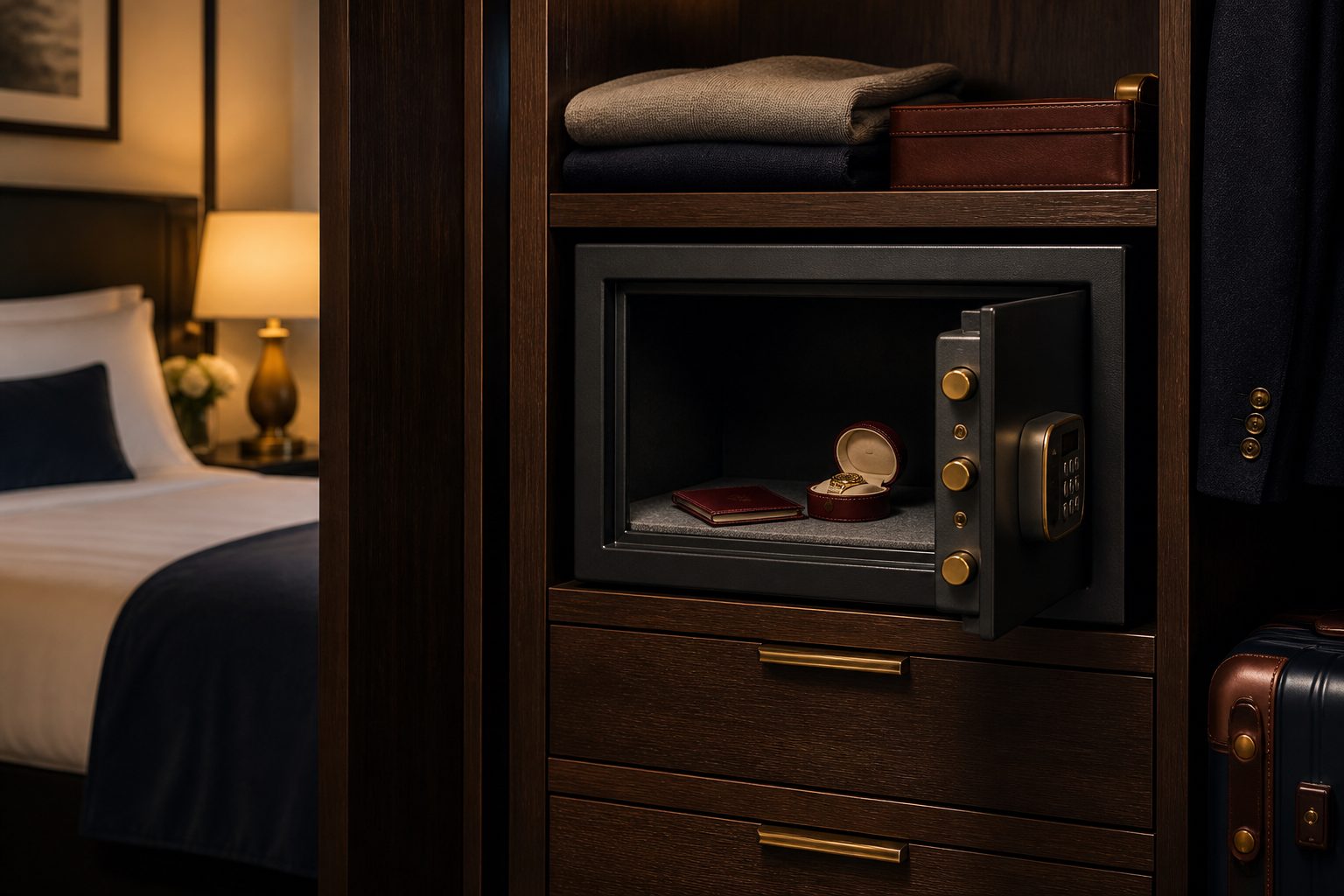 An open in-room hotel safe in a wardrobe holding a passport and a watch case