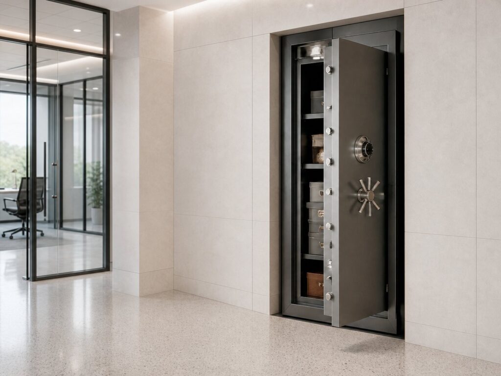 A wall vault standing open in a modern commercial office