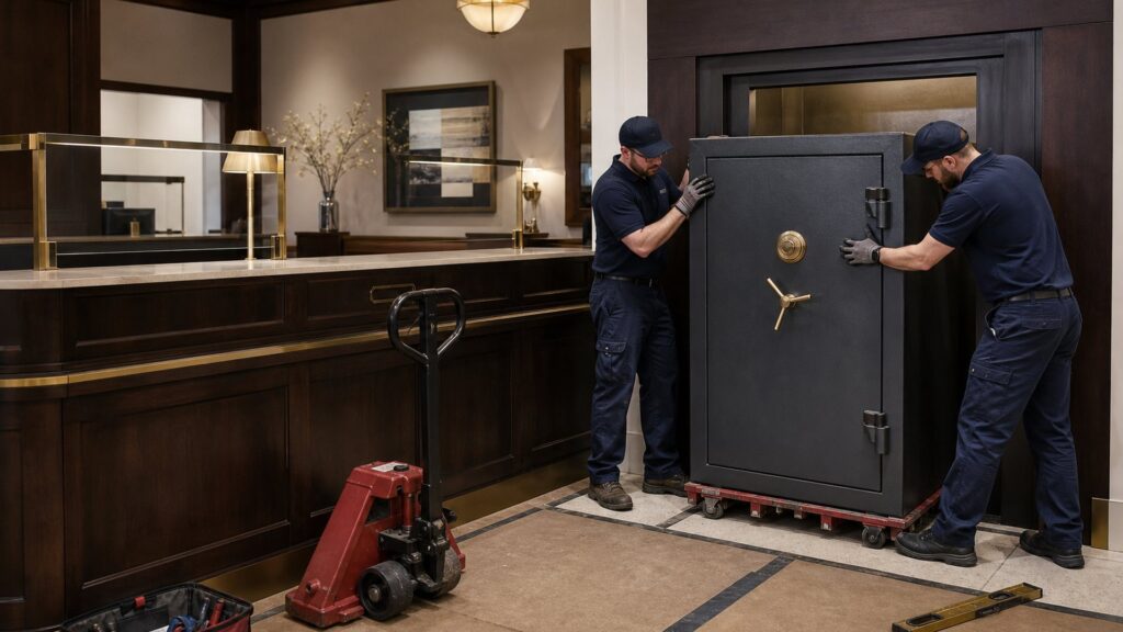 Two technicians manoeuvring a safe into place in a bank lobby
