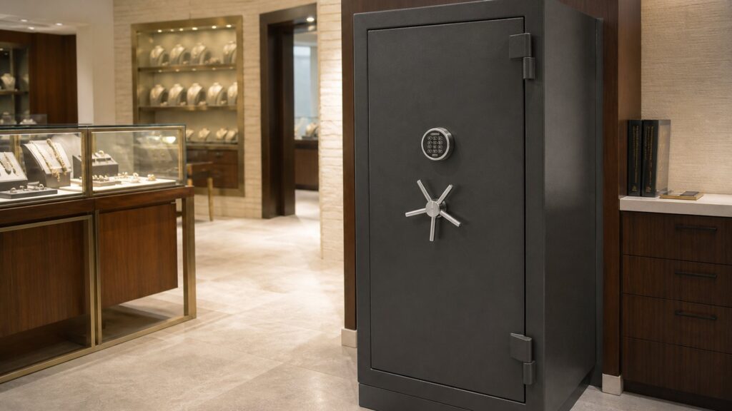 A high-security safe on the floor of a jewellery showroom