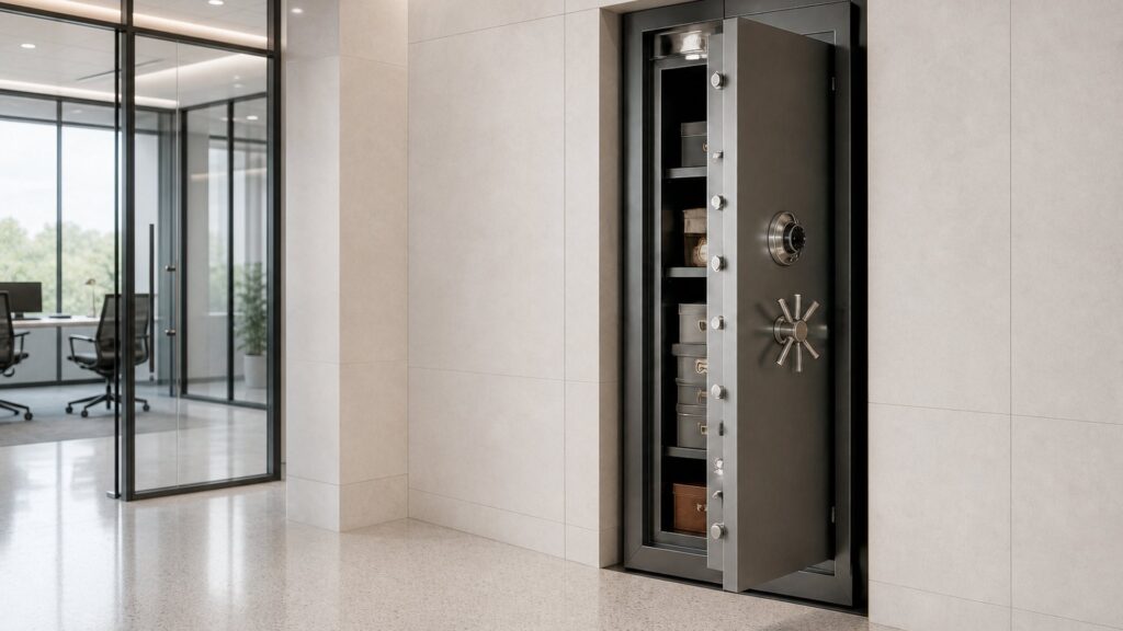 A wall vault standing open in a modern commercial office