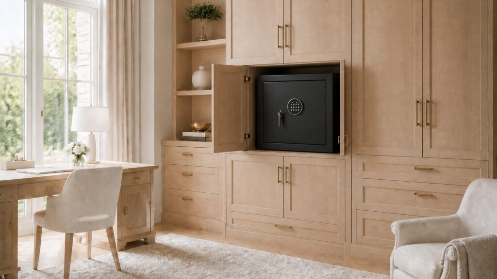 A compact safe fitted behind a cabinet door in a home office