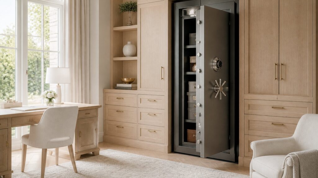 A tall safe standing open inside fitted cabinetry in a home study
