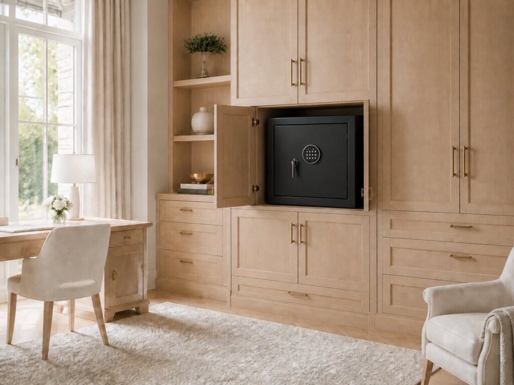 A compact safe fitted inside cabinetry in a bright home office