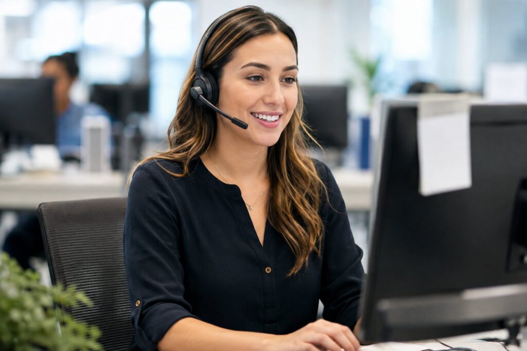 A support advisor taking a service call at her desk
